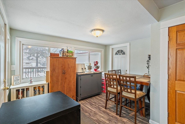 dining area with dark wood-type flooring, a wealth of natural light, and a textured ceiling