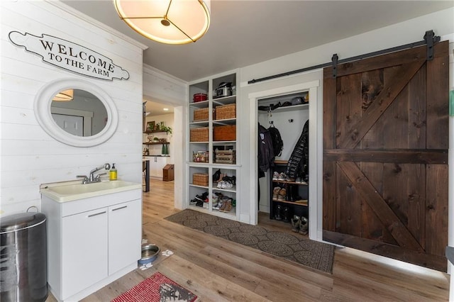 interior space featuring wood finished floors and vanity