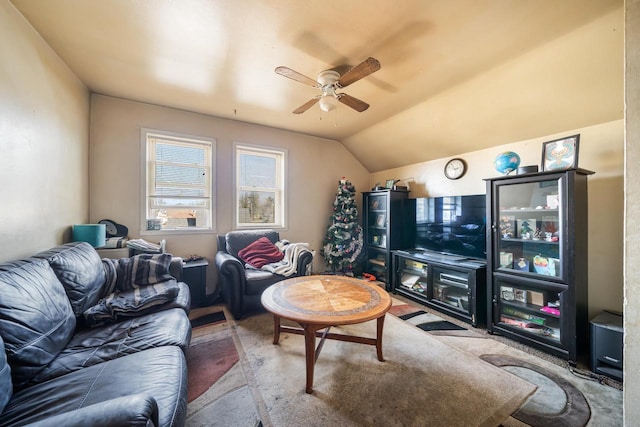 living room featuring lofted ceiling and ceiling fan