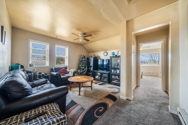 carpeted living room with lofted ceiling, a ceiling fan, a baseboard radiator, baseboards, and baseboard heating