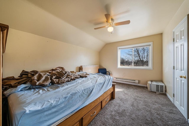 bedroom featuring a baseboard heating unit, baseboards, carpet, ceiling fan, and lofted ceiling