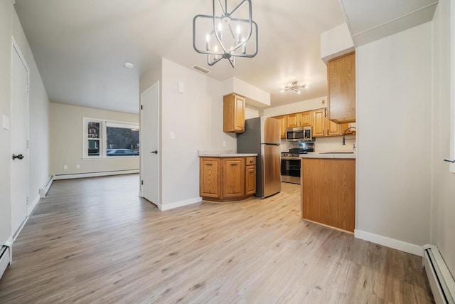 kitchen with visible vents, a baseboard radiator, an inviting chandelier, light wood-style flooring, and appliances with stainless steel finishes