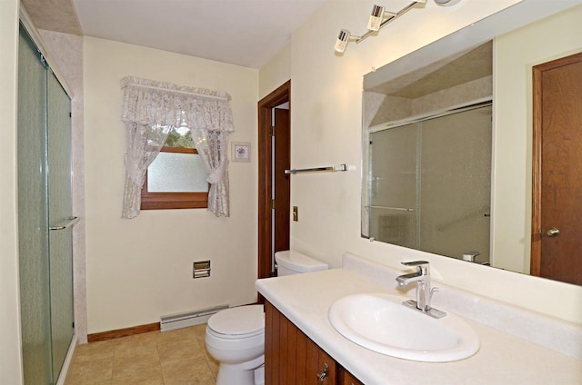 2325 Stuart Ct, Madison, WI 53704 - bathroom featuring vanity, toilet, a stall shower, and a baseboard radiator