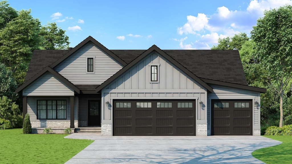 modern farmhouse featuring a garage, stone siding, concrete driveway, and a front lawn