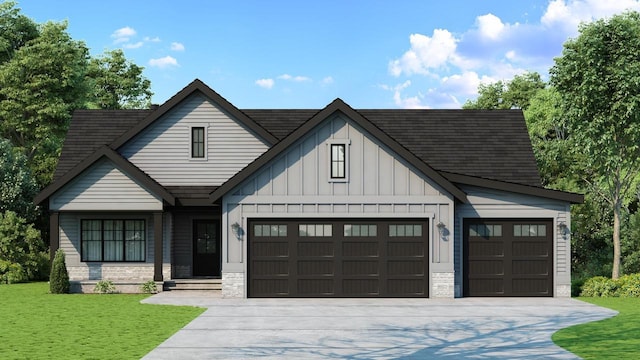 modern farmhouse featuring a garage, stone siding, concrete driveway, and a front lawn