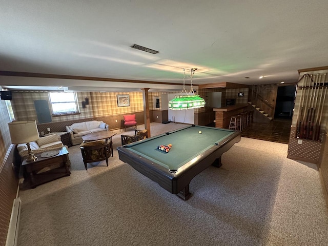 rec room featuring visible vents, carpet floors, baseboard heating, and billiards