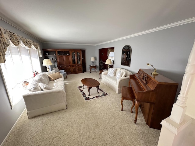 carpeted living room with crown molding and baseboards