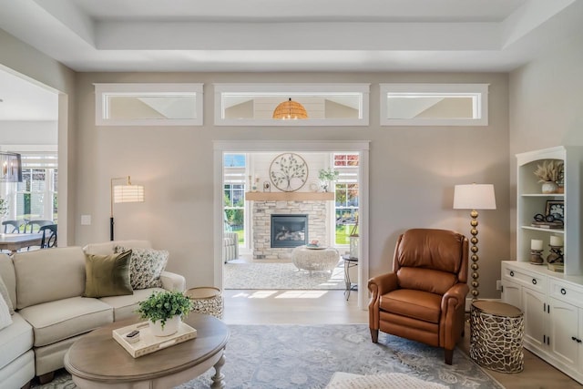 living room with a fireplace and wood finished floors