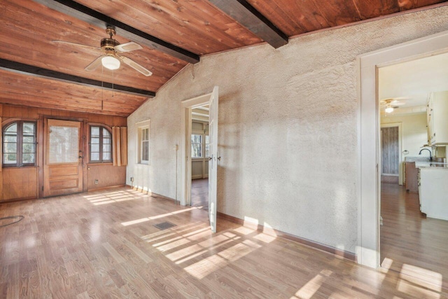 unfurnished room featuring ceiling fan, wood ceiling, wood finished floors, and vaulted ceiling with beams