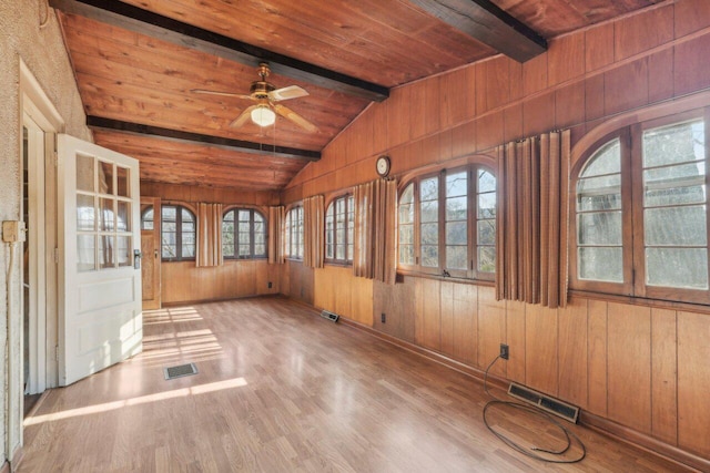 unfurnished sunroom featuring lofted ceiling with beams, visible vents, wooden ceiling, and a ceiling fan