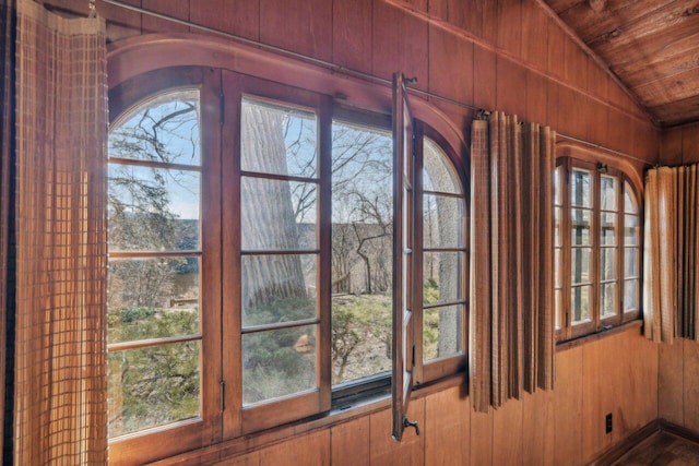 room details with wood ceiling and wood walls