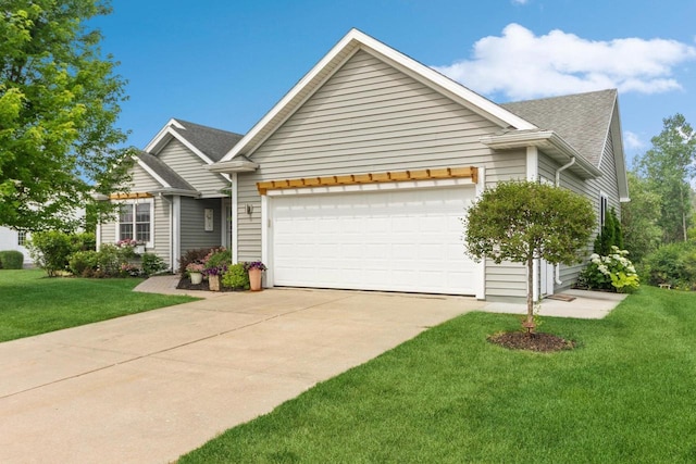 ranch-style house featuring concrete driveway, a front yard, a garage, and roof with shingles