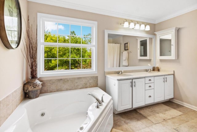 bathroom with a sink, a tub with jets, crown molding, and double vanity