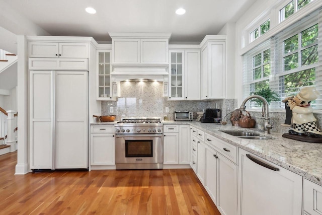 kitchen with custom exhaust hood, a sink, white cabinetry, high quality appliances, and backsplash