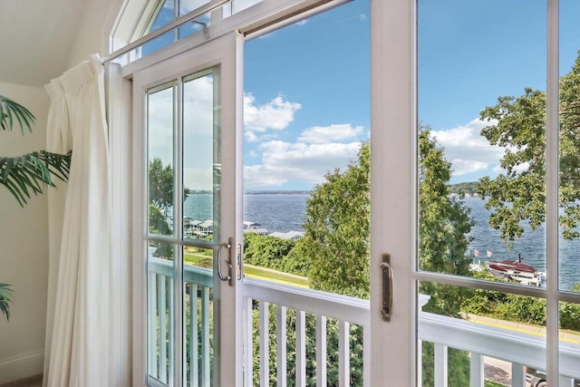 doorway with a water view and a healthy amount of sunlight