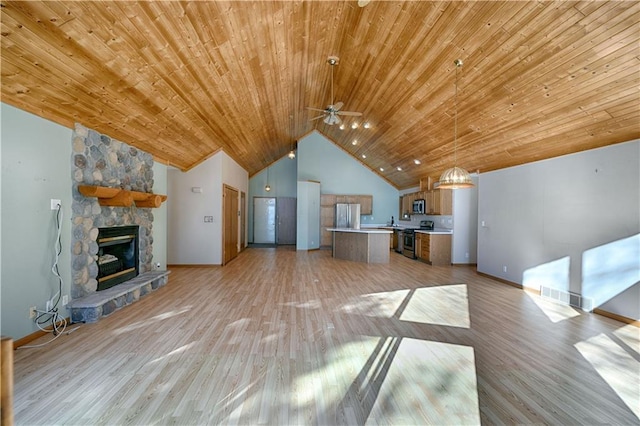 unfurnished living room featuring a stone fireplace, wooden ceiling, light wood-style floors, and visible vents