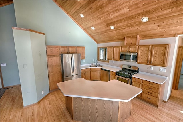 kitchen featuring stainless steel appliances, light countertops, light wood-style floors, and a sink