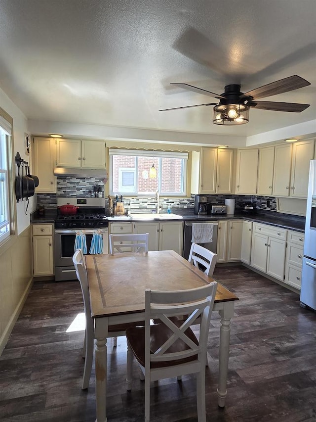 kitchen with under cabinet range hood, a sink, dark wood-style floors, gas stove, and dishwasher