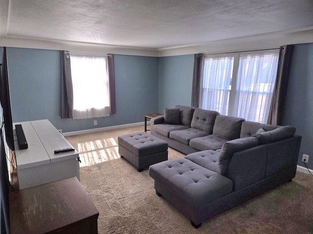 carpeted living area featuring baseboards