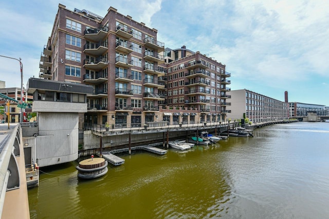 exterior space with a water view