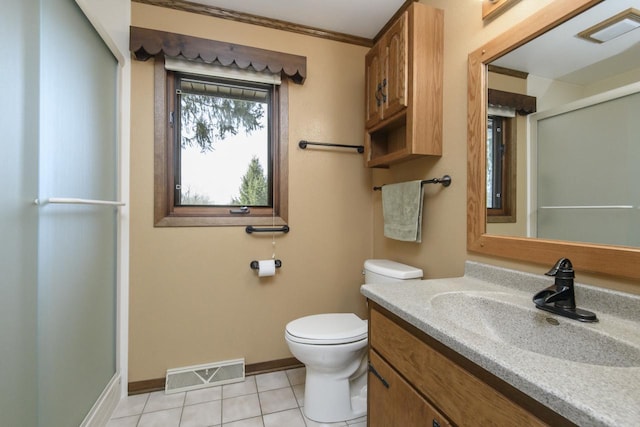 full bathroom with vanity, tile patterned floors, toilet, and visible vents