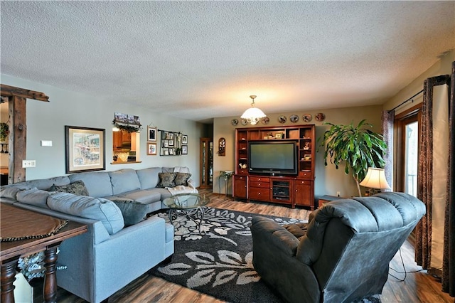 living area featuring wood finished floors and a textured ceiling