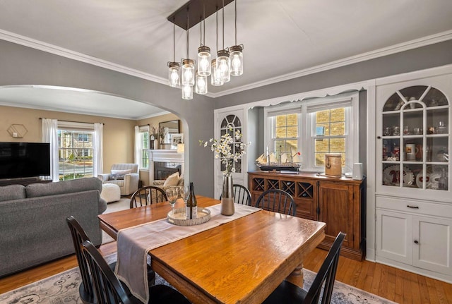 dining room featuring a glass covered fireplace, crown molding, wood finished floors, and arched walkways