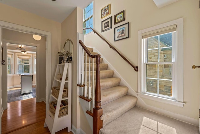 staircase featuring wood finished floors and baseboards