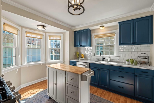 kitchen featuring blue cabinets, light wood-style floors, baseboards, and backsplash