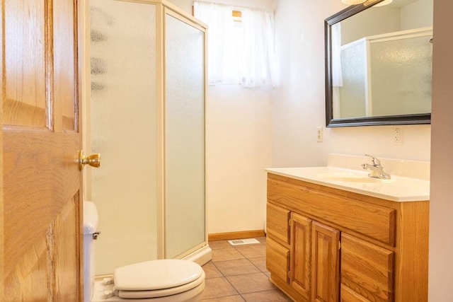 full bathroom featuring tile patterned floors, a shower stall, toilet, and vanity