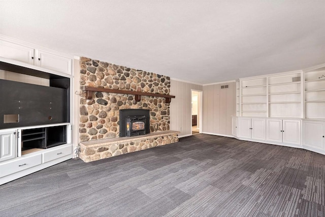 unfurnished living room with carpet flooring, crown molding, and visible vents