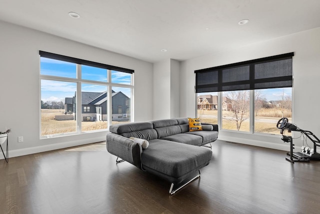 living area with a wealth of natural light, recessed lighting, baseboards, and wood finished floors