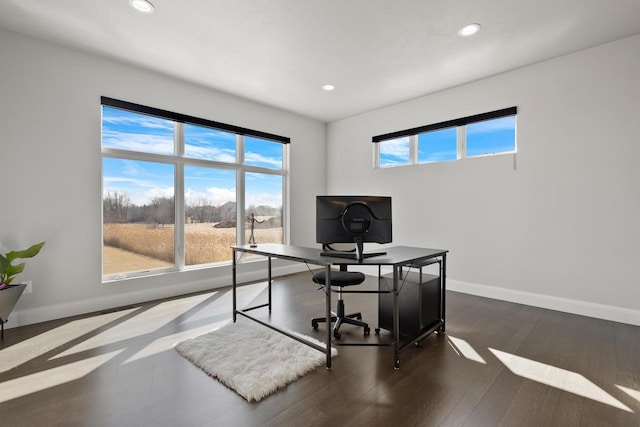 office space with recessed lighting, baseboards, and wood finished floors