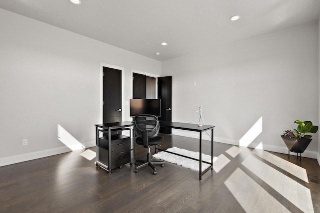 home office featuring recessed lighting, baseboards, and wood finished floors