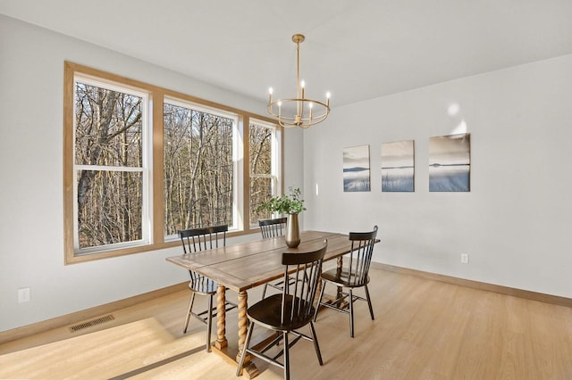 dining space with a chandelier, visible vents, light wood finished floors, and baseboards