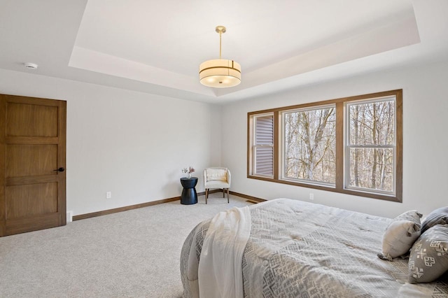 carpeted bedroom with baseboards and a tray ceiling