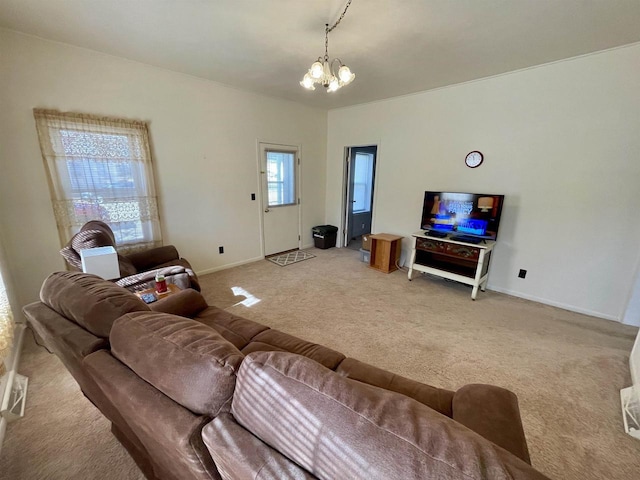 living area with light carpet, baseboards, and an inviting chandelier