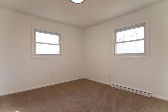 unfurnished room featuring baseboard heating, carpet flooring, and baseboards