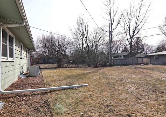 view of yard with central AC unit and a fenced backyard