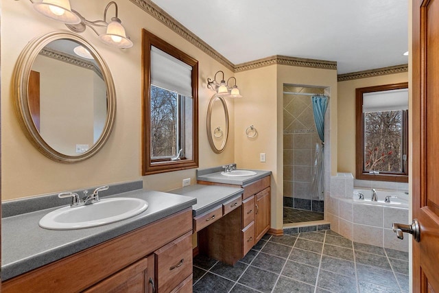 full bath featuring a bath, a stall shower, two vanities, and a sink