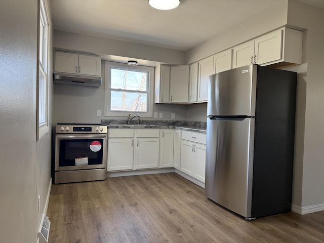 kitchen featuring under cabinet range hood, light wood-type flooring, appliances with stainless steel finishes, and a sink