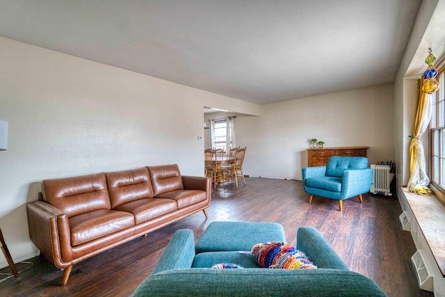 living room featuring wood finished floors and radiator heating unit