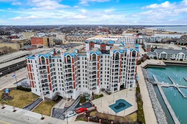 bird's eye view with a water view