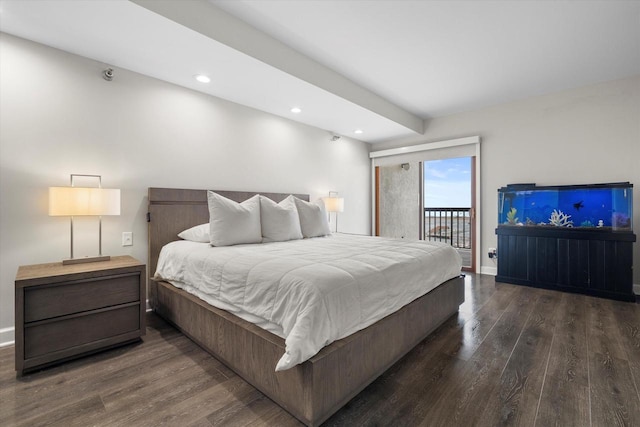 bedroom featuring dark wood-type flooring, access to outside, recessed lighting, and baseboards