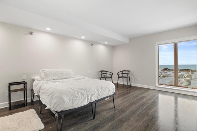 bedroom featuring recessed lighting, baseboards, and dark wood-style flooring