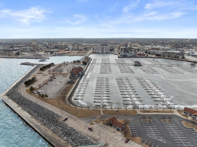 birds eye view of property featuring a water view