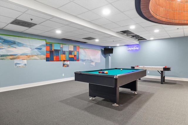 game room featuring a drop ceiling, pool table, carpet, and baseboards