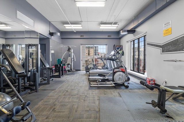 workout area with carpet flooring