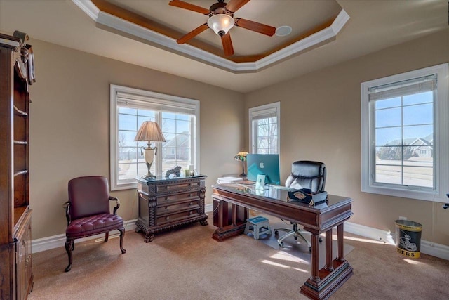 carpeted office featuring a raised ceiling, crown molding, baseboards, and ceiling fan