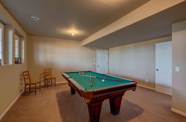 rec room with billiards, carpet flooring, and baseboards